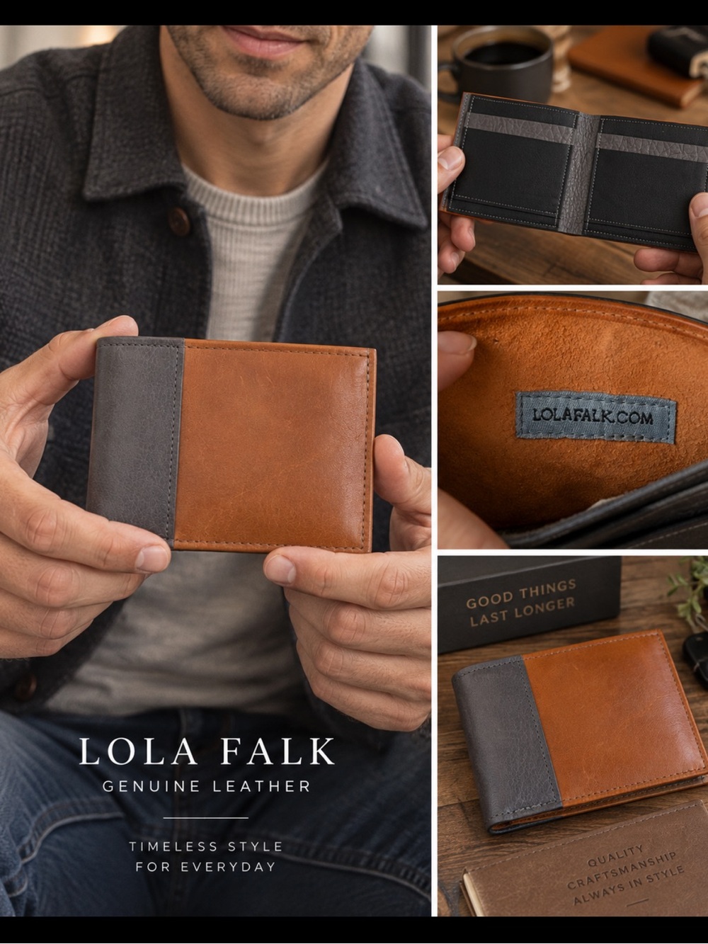 NWT- Lola Falk genuine, leather bifold wallet Gray cognac Brown handmade leather